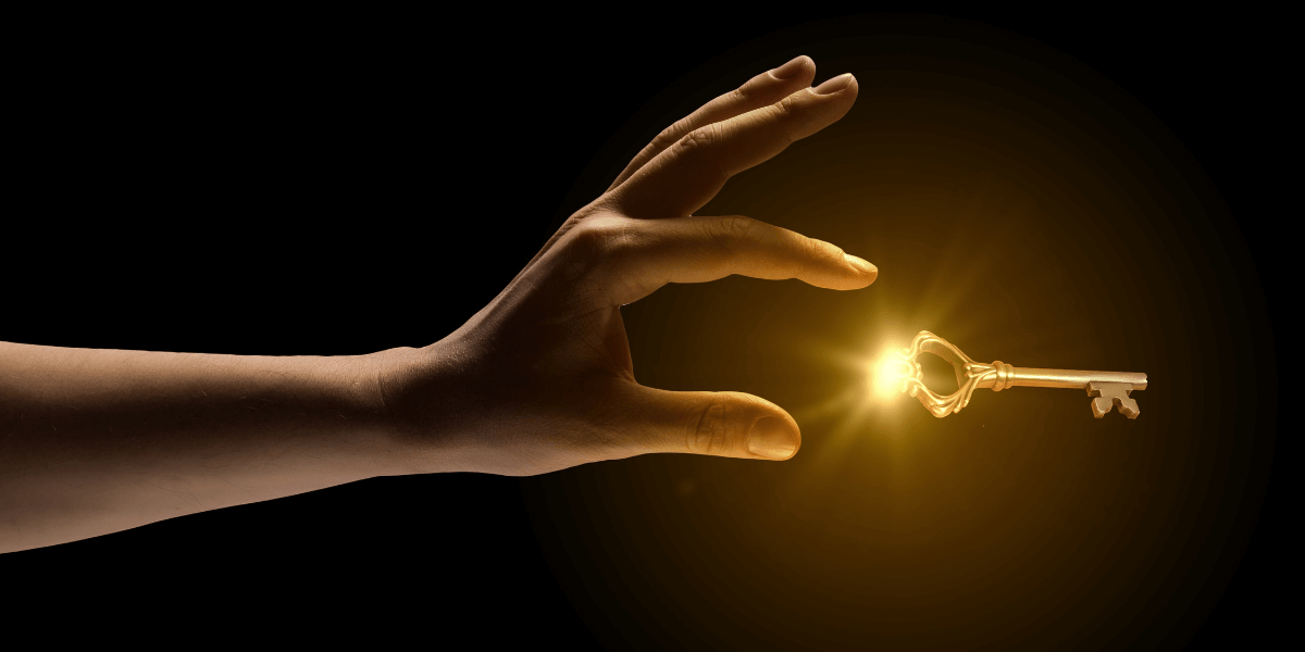 black background with 3d high definition hand reaching for a glistening gold key