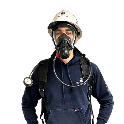 Worker in a hard hat and respirator mask